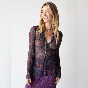 Natural Life Carina Mesh Top Watercolor Floral Boho Y2K